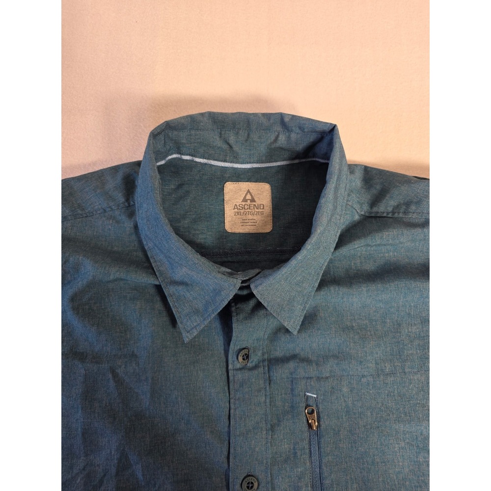 Ascend Mens Shirt 2XL Short Sleeve Button Down Blue Heathered Zip Pocket Outdoor